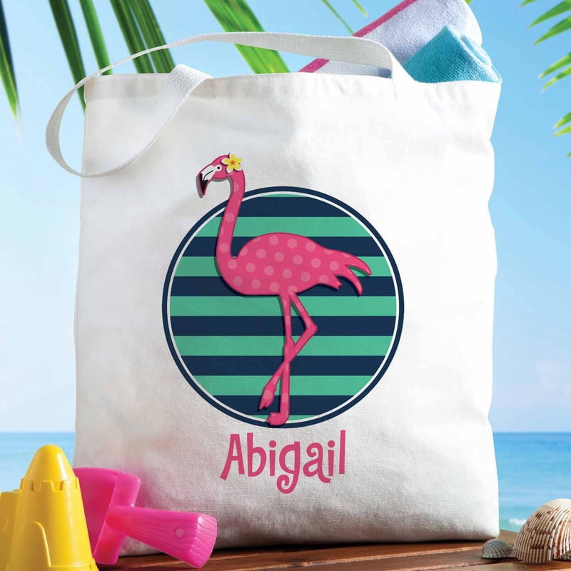 Personalized Pink Flamingo Beach Tote Bag - Canvas, 15.5 x 18 Inch