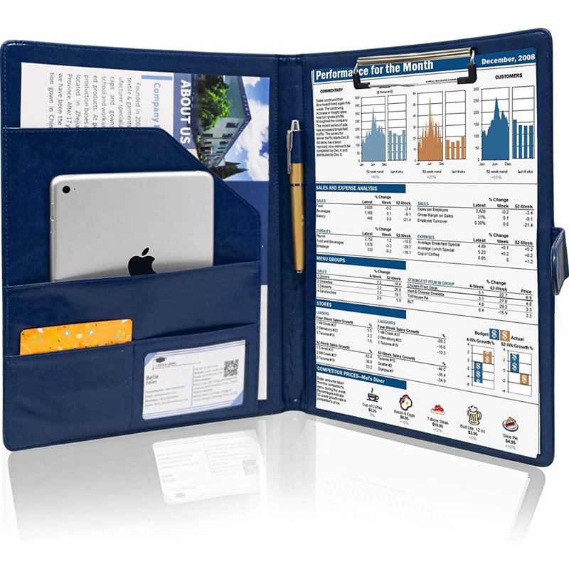 Business Magnetic Closure Padfolio Portfolio File Folder - A4 Size, PU Leather, Blue