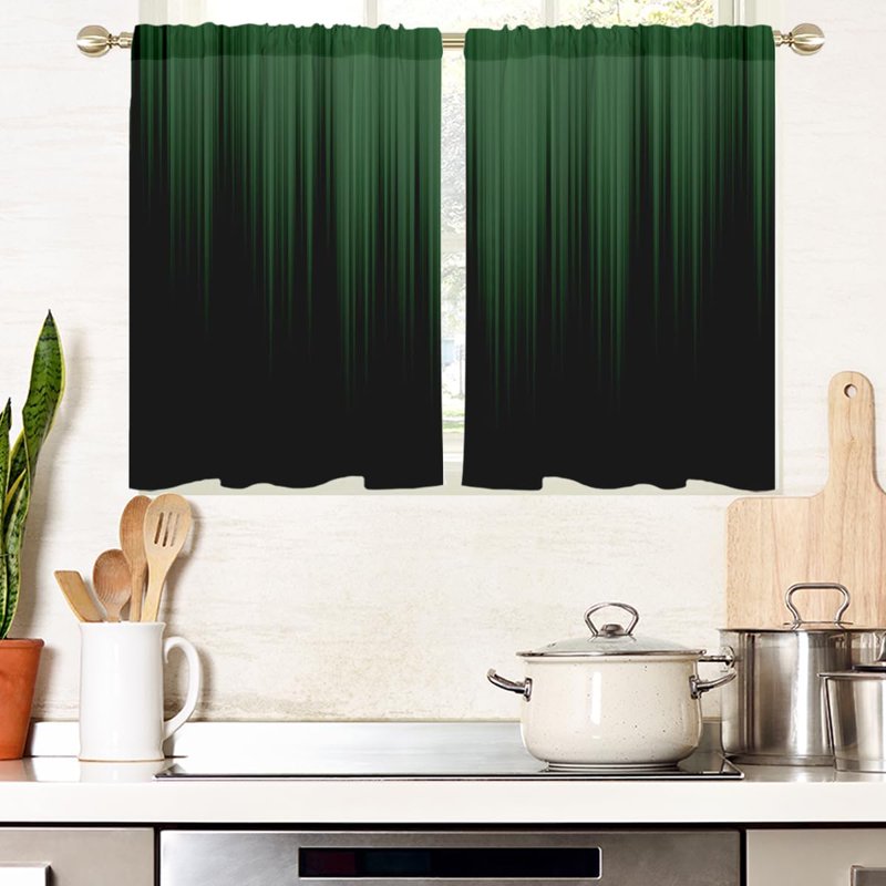 Green and Black Window Curtains for Kitchen Bedroom - Short Gradient Drapes, 1 Pair