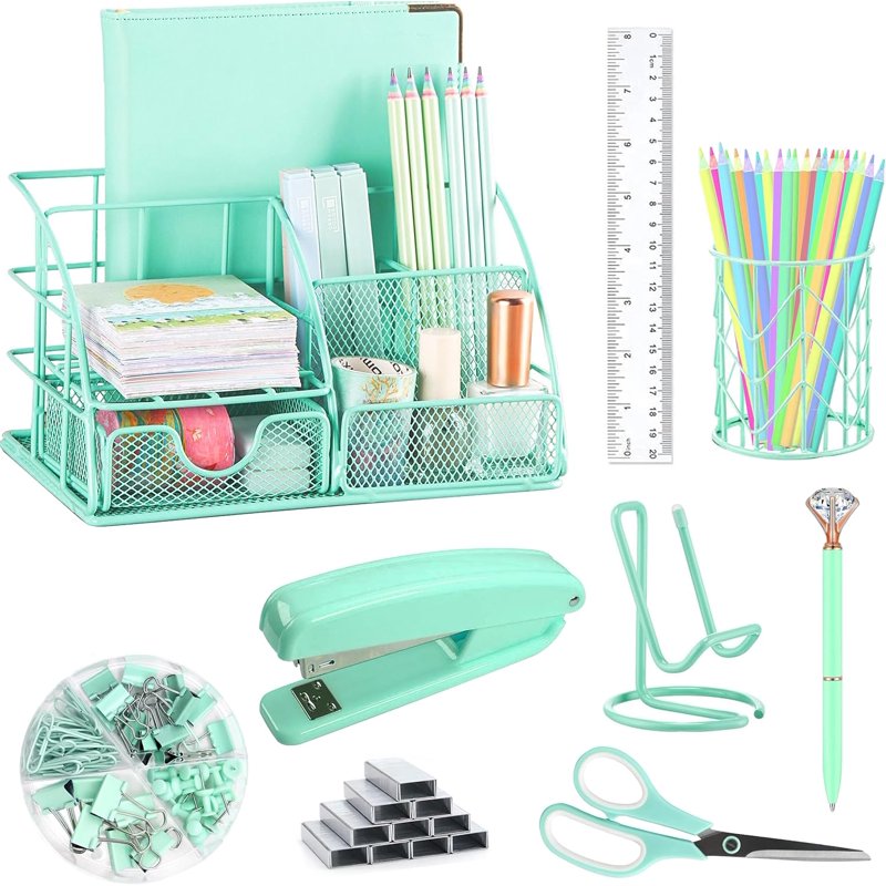 Green Desk Organizer Office Supplies Set with Stapler Pen Holder and Accessories