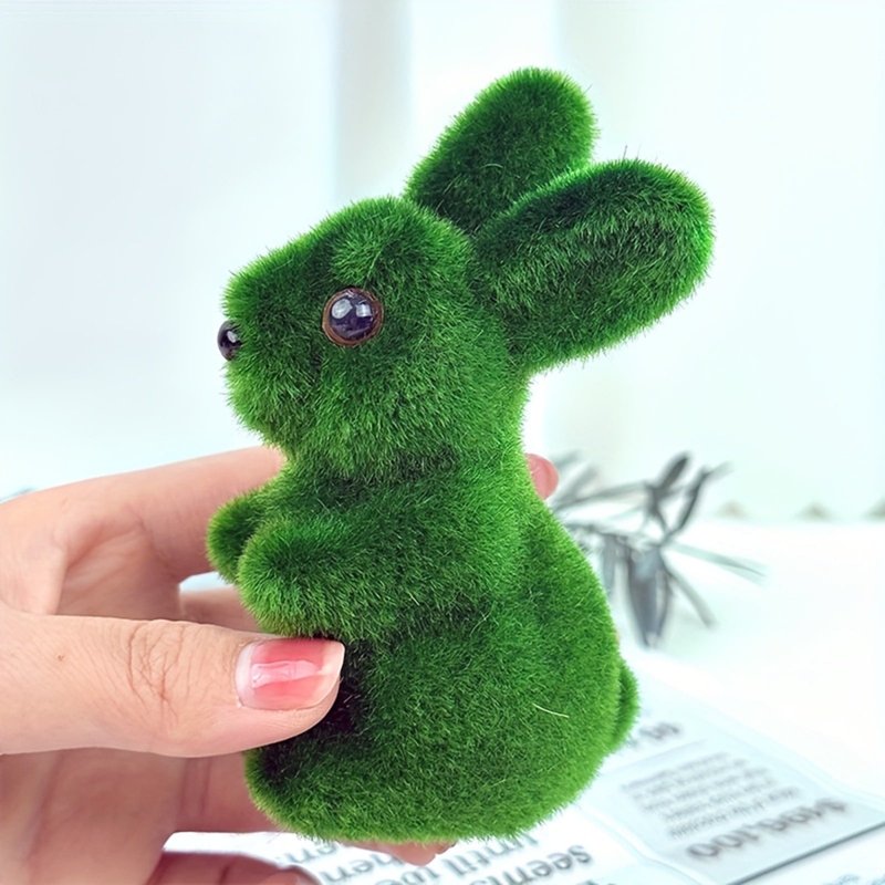 Green Flocked Moss Easter Bunny Sculpture - Resin Spring Home Decor, 4 Inch