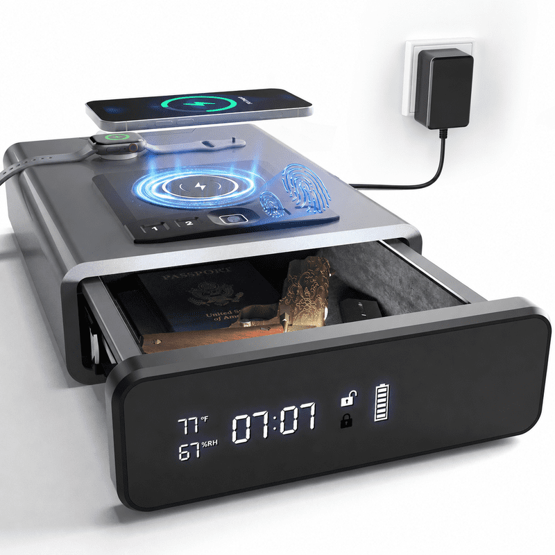 Biometric Security Safe with LED Display and Wireless Charging Station