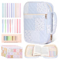 Blue Quilted Bible Cover Case for Women – Large Carrying Bag with 5 Pens, 12 Highlighters, 75 Bookmarks & 200 Labels
