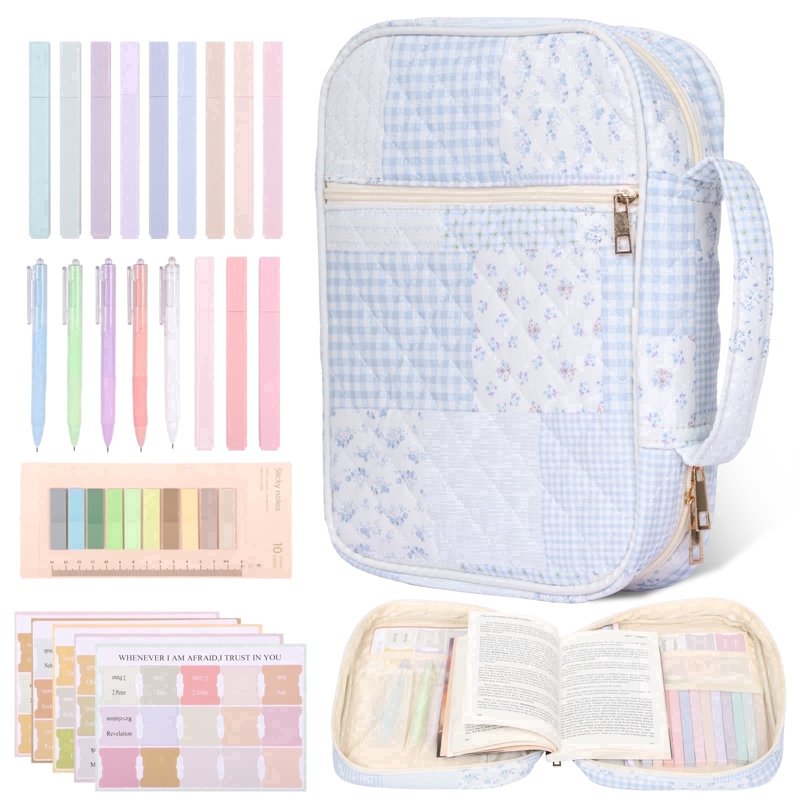 Blue Quilted Bible Cover Case for Women – Large Carrying Bag with 5 Pens, 12 Highlighters, 75 Bookmarks & 200 Labels