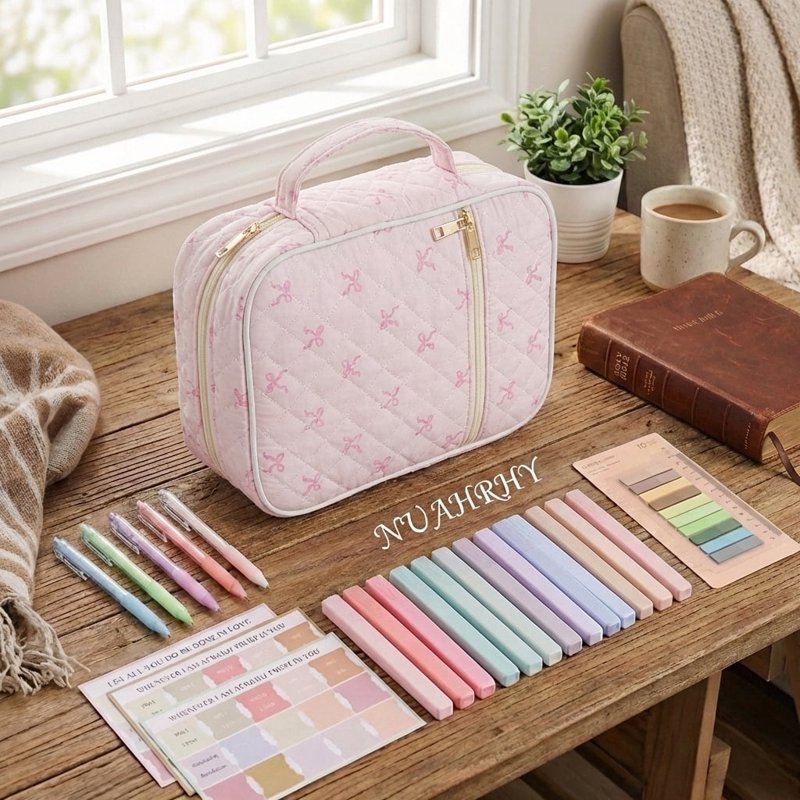 Women’s Quilted Bible Cover Case with Study Supplies Kit, Large Travel Bible Bag