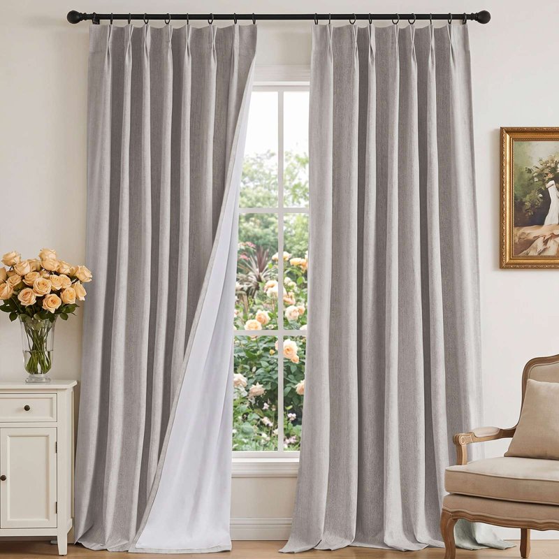 Blackout Curtain Set 2 Panels with Hooks - Thermal Linen Blend Drapes for Bedroom & Living Room