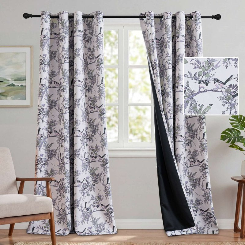 Blackout Floral Bird Curtain Panels - Thermal Grommet Window Drapes for Bedroom & Living Room, Sage/Black, 52 x 84 inches