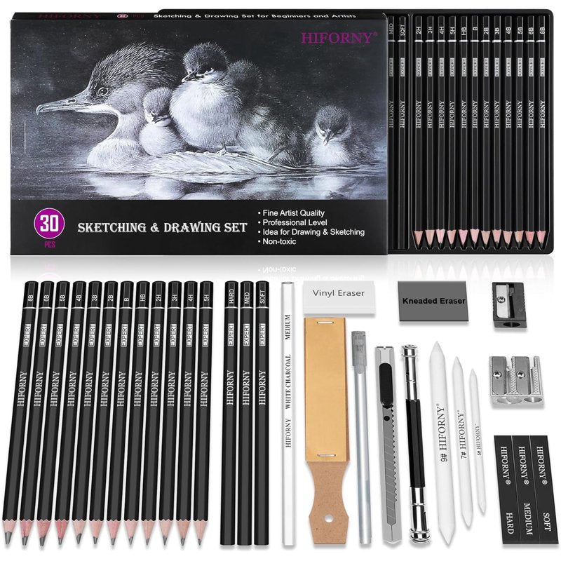 Professional Drawing Pencil Set with Charcoal & Blending Tools - 30 Pieces