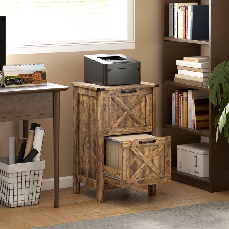 Rustic Farmhouse 2-Drawer File Cabinet with Barn Doors - A4/Letter Storage