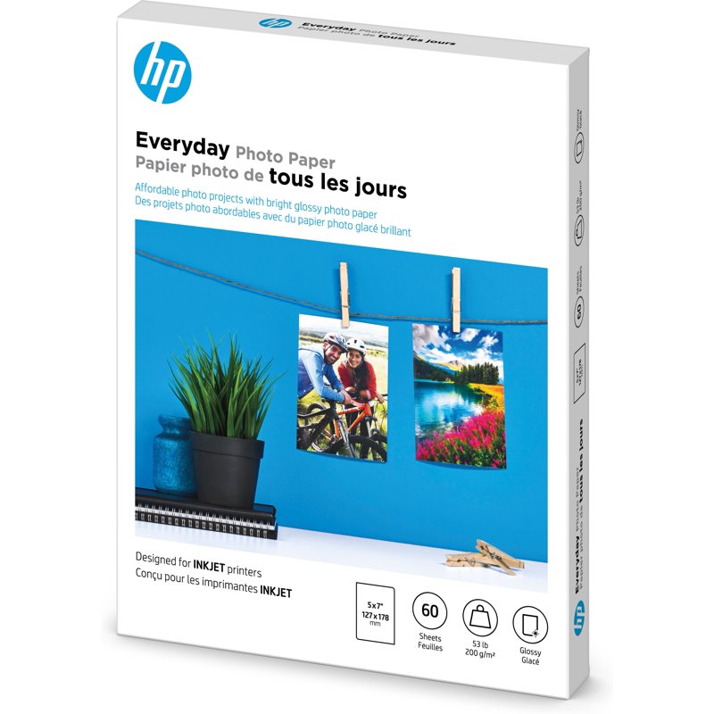HP Glossy Photo Paper 52 lb 5x7 inch 60 Sheets - Recyclable Inkjet Photo Paper
