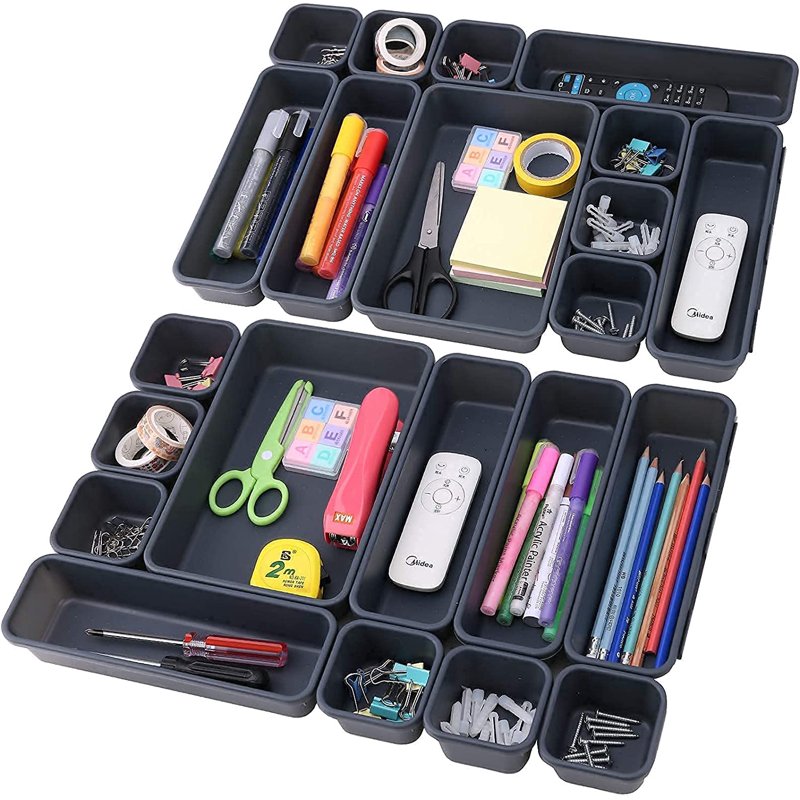 22 Pack Desk Drawer Organizer Set, Dark Grey, Multipurpose Storage