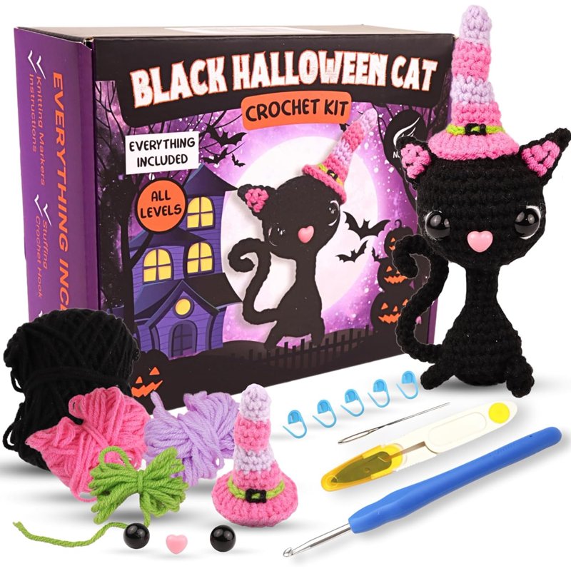 Halloween Black Witch Cat Crochet Kit for Beginners - DIY Knitting Supplies