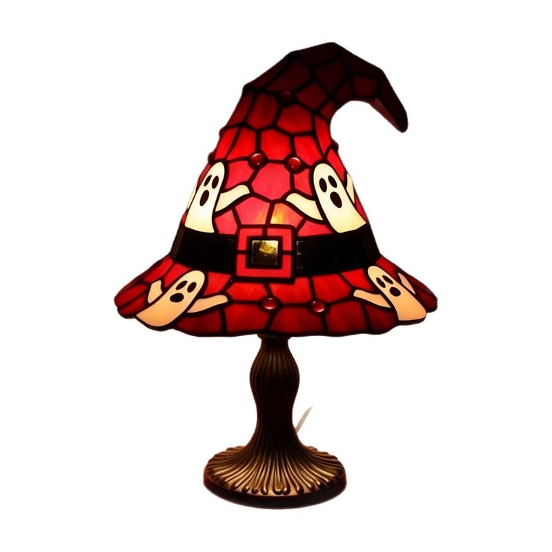 Halloween Witch Hat Lamp with Ghost Accents - Stained Glass Night Light for Halloween Decor
