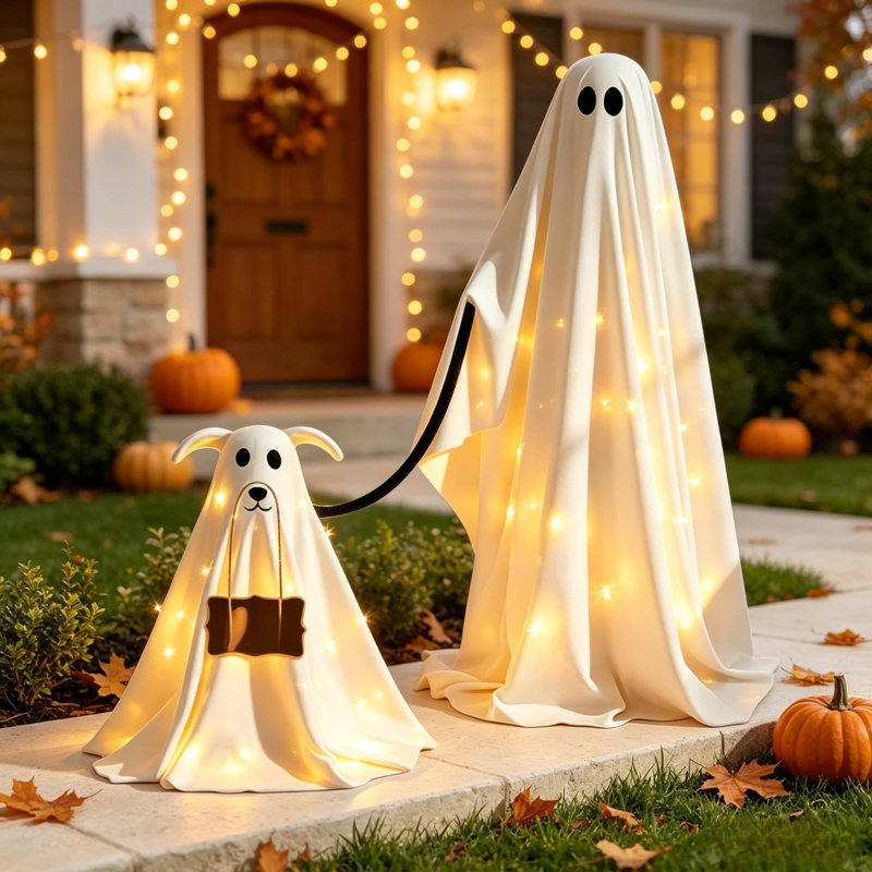 Halloween Ghost Decorations Set - Standing Fabric Ghosts for Indoor Outdoor Porch & Mantel