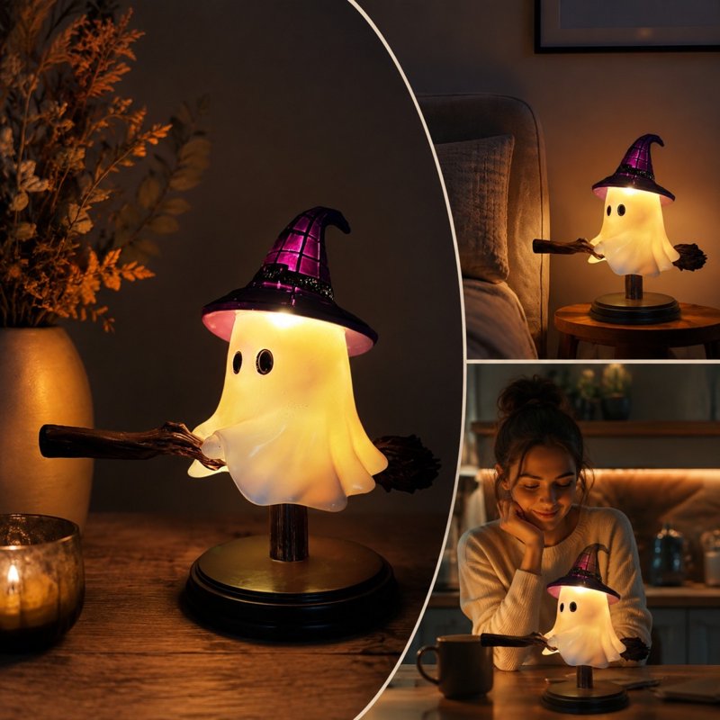 Halloween Ghost on Broomstick Night Light - Gothic Stained Glass LED Table Lamp for Bedroom & Decor