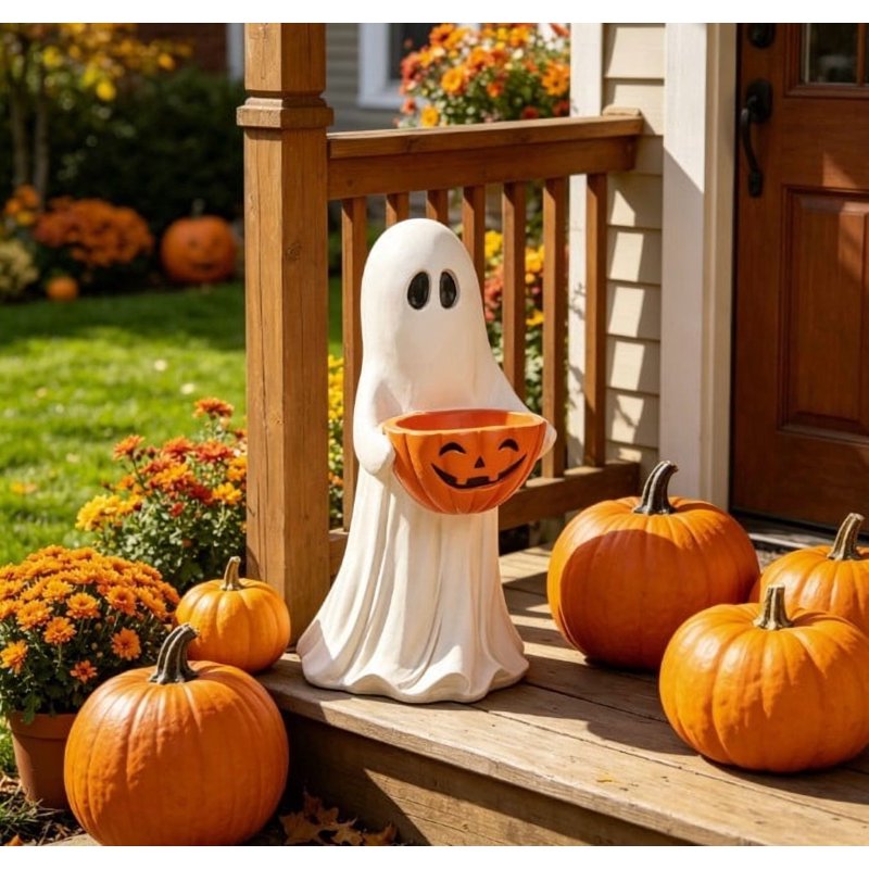 Halloween Ghost Candy Bowl Statue - 13.7 Inch Resin Ghost Figurine for Indoor & Outdoor Halloween Decor