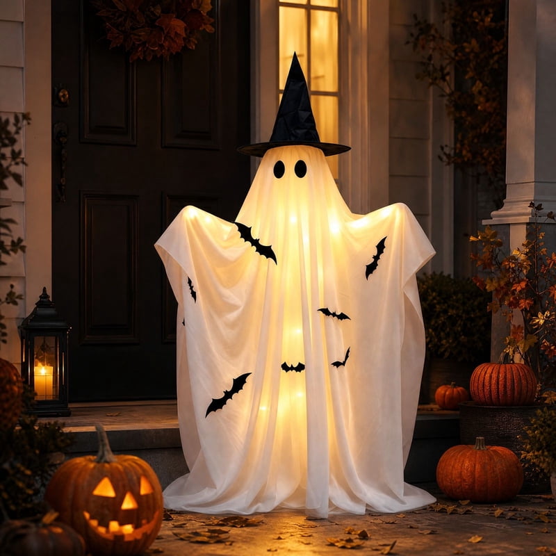 Halloween Ghost Outdoor Decoration 50" with Detachable Witch Hat, LED Lights, Remote - 1E Witch Ghost