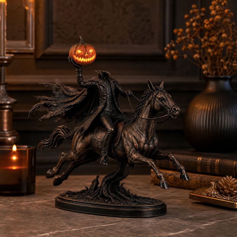 Halloween Headless Horseman Statue with LED Pumpkin Light, Gothic Tabletop Decor
