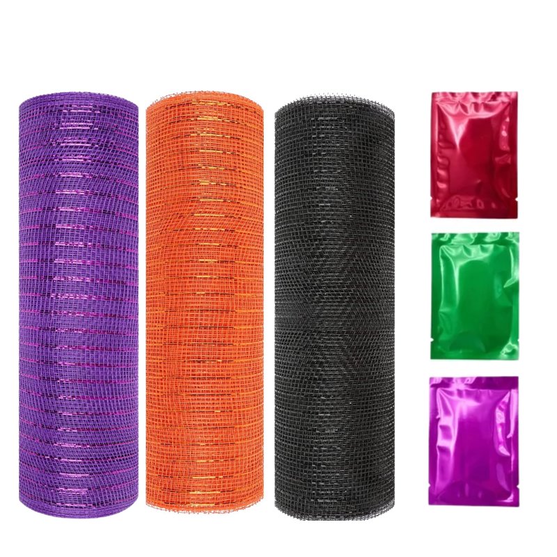 Halloween Mesh Ribbon Set - Assorted Burlap & Metallic Tinsel for Wreaths & Crafts 15 Rolls