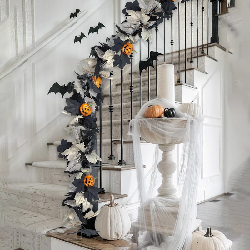 Halloween Pumpkin Garland with Fall Maple Leaves and Mini Pumpkins - Indoor Outdoor Holiday Decor