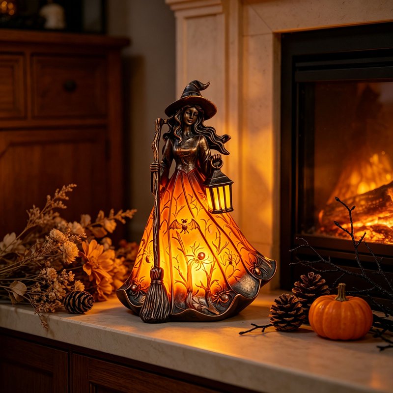 Halloween Witch Figurine Lamp with Broom, Resin Night Light - USB Powered Tabletop Decor (Variation E)