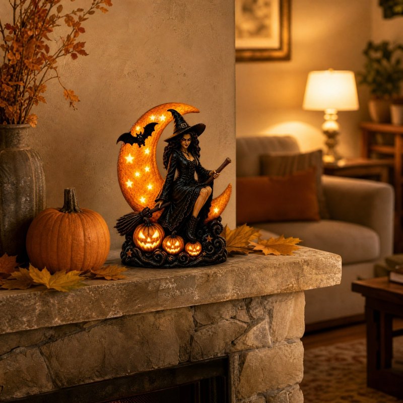 Halloween Witch Lamp with Glowing Moon and Pumpkin Decor Figurine - Spooky Gothic Tabletop Ornament