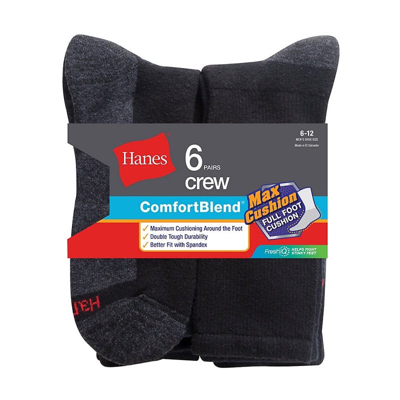 Men's Breathable Cotton Blend Crew Socks - Cushioned Comfort, 6-Pack