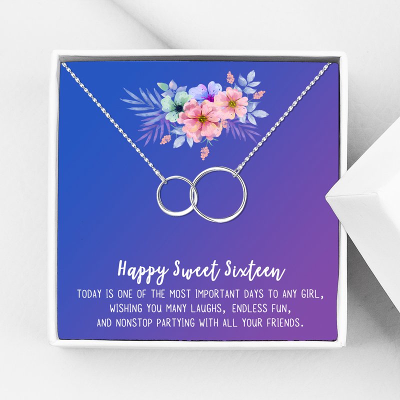 Sweet Sixteen Jewelry Gift Set with Necklace and Card - Silver Infinity Rings - Gift for Her & Daughter