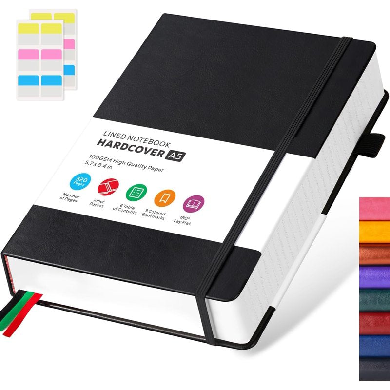 A5 Hardcover Lined Notebook Journal for Writing - 320 Pages, Leather Cover, College Ruled, Daily Planner for Work & School, Black
