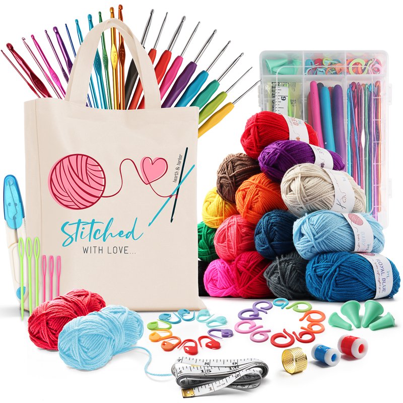 Crochet Craft Kit for Beginners - 75 Yards Yarn, Hooks, Accessories & Storage