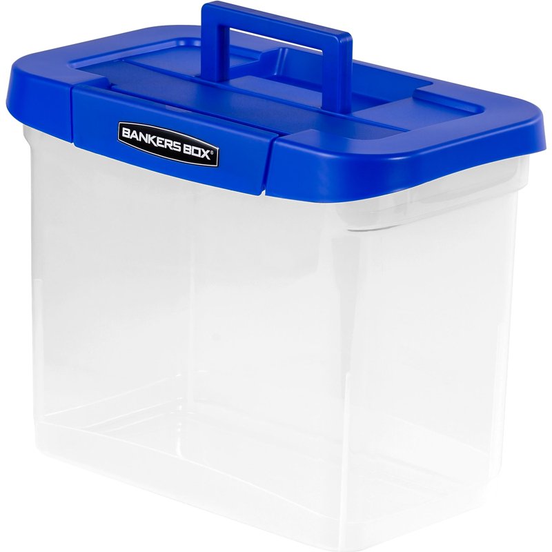 Heavy Duty Plastic File Storage Box with Handle and Lid - 14.25 x 8.5 x 11 inches, Clear/Blue