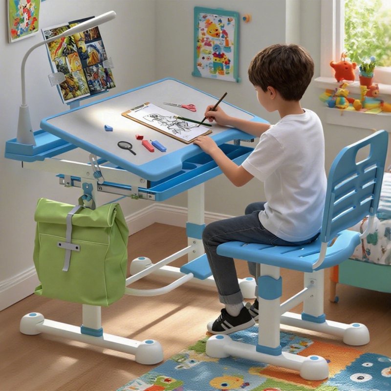 Height Adjustable Kids Desk and Chair Set with LED Light & Storage Drawer