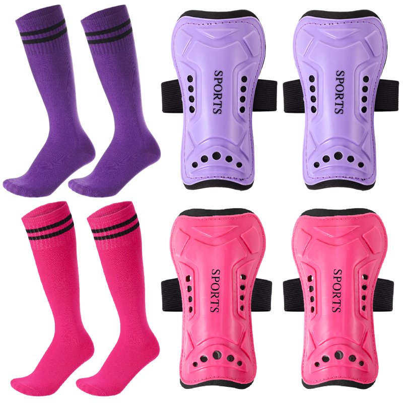 Kids Shin Guards with Socks - 2 Pairs Protective Soccer Gear for 6-10 Years (Rose & Purple)