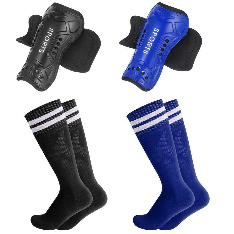 Kids Soccer Shin Guards with Socks Set - 2 Pairs Calf Protection, Blue & Black