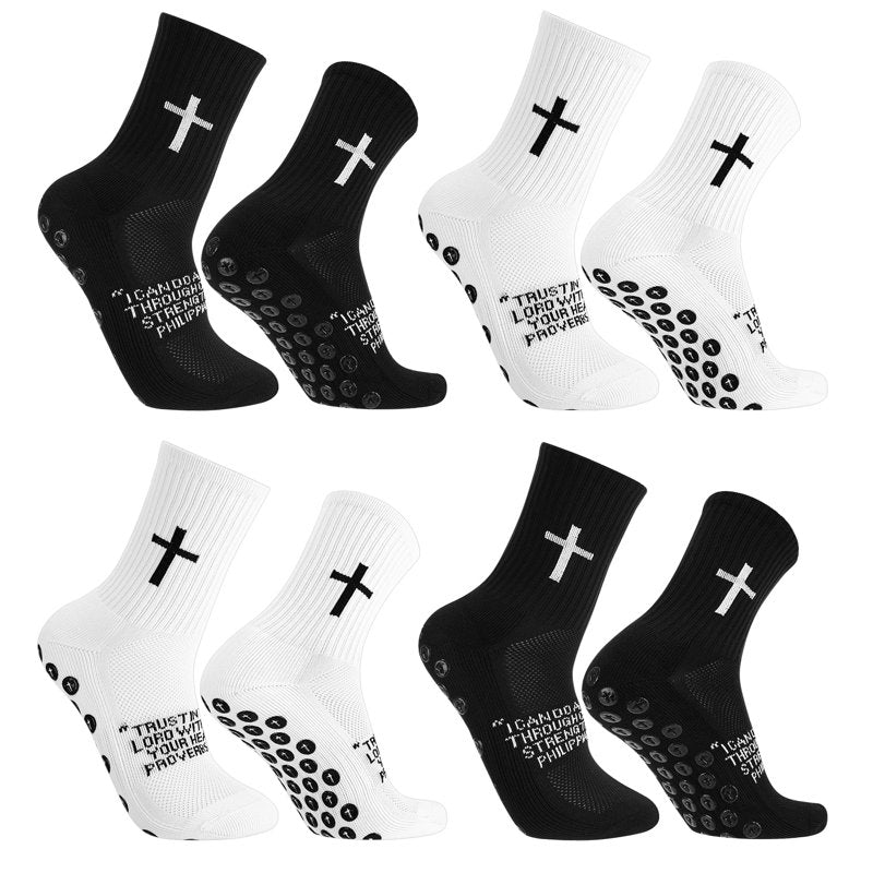 Hengguang 4-Pair Cross Grip Soccer Socks, US 7-11, Anti-Slip Training Socks - White & Black