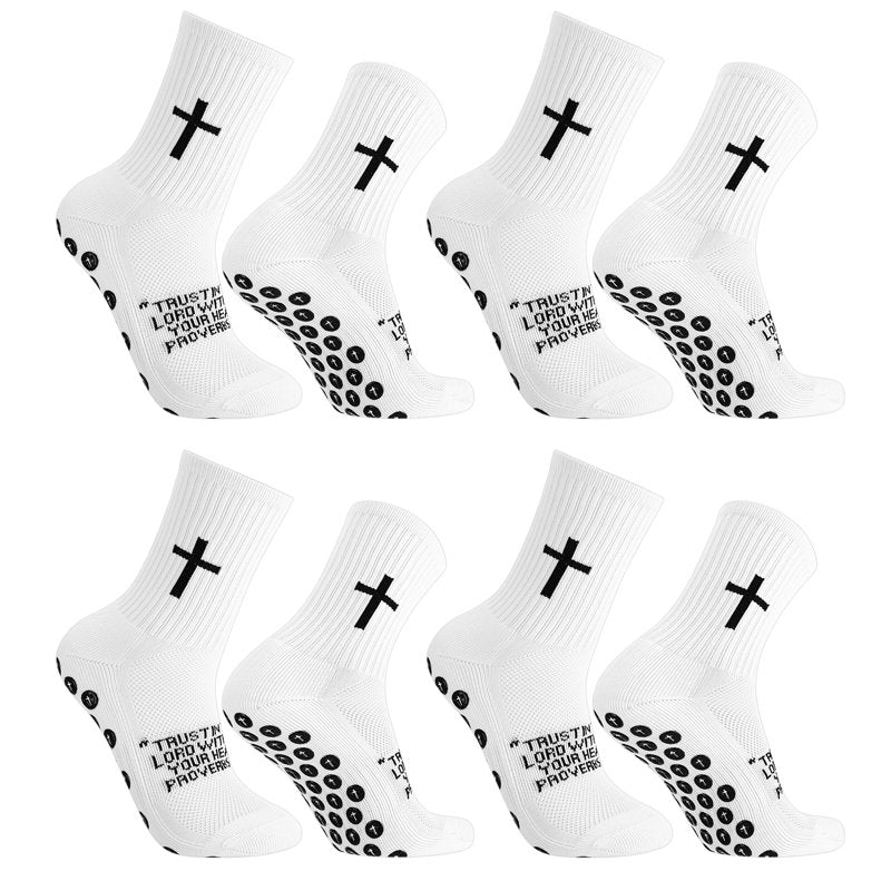Cross-Grip Soccer Socks 4-Pair Set, White, Anti-Slip Training Socks US 7-11