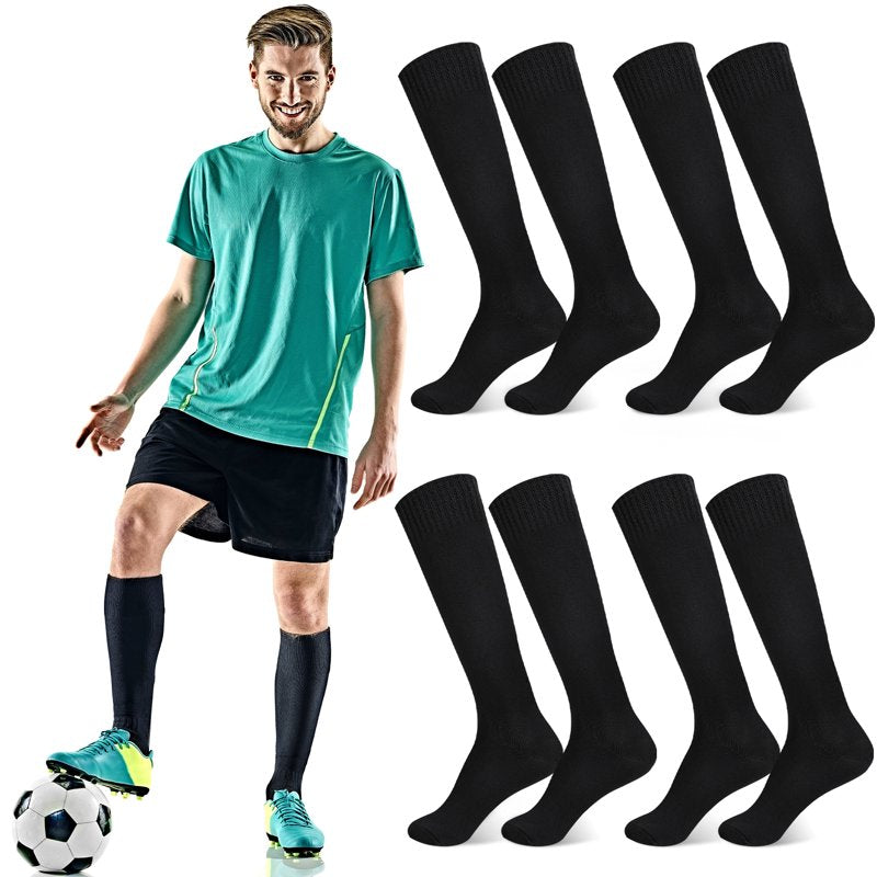 Football Soccer Socks 4 Pairs Knee-High Athletic Socks with Non-Slip Cuff, Medium Cushion, 8in Foot Length, Black