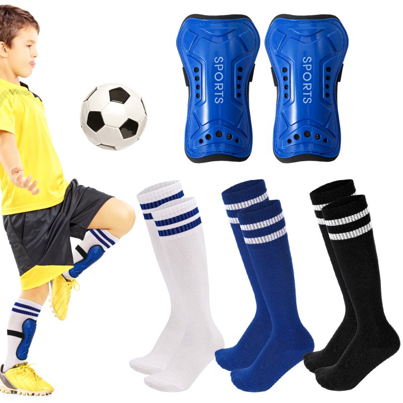 Kids Soccer Shin Guards Set with 3 Socks - Adjustable Lightweight Protective Gear (Blue / Black / White)
