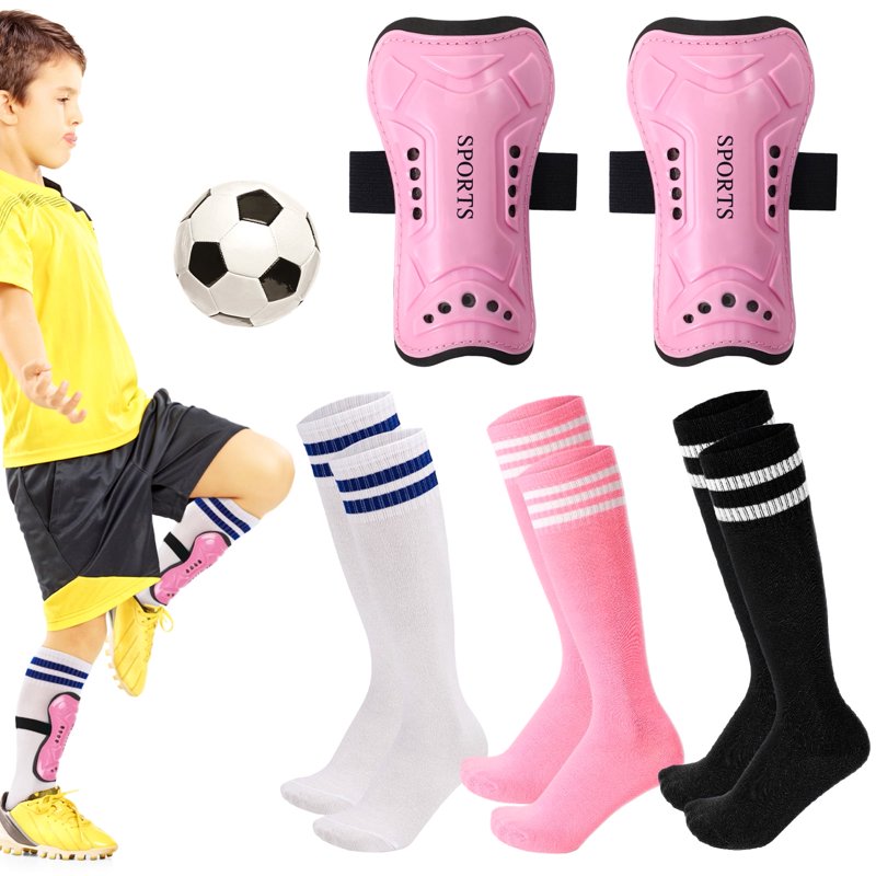 Kids Soccer Shin Guards Set with 3 Socks - Adjustable Lightweight Protective Gear (Black, White, Pink) - Ages 6-14