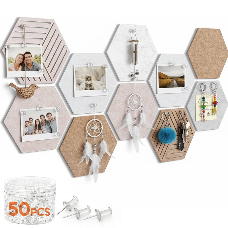Hexagon Cork Tiles 10 Pack with Pins Self-Adhesive Wall Bulletin Board for Home Office Classroom