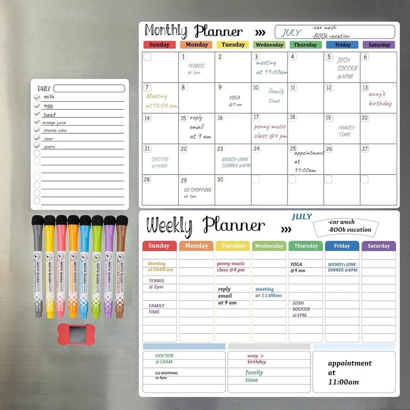 Magnetic Dry Erase Whiteboard Calendar for Fridge - Weekly Meal & Grocery Planner