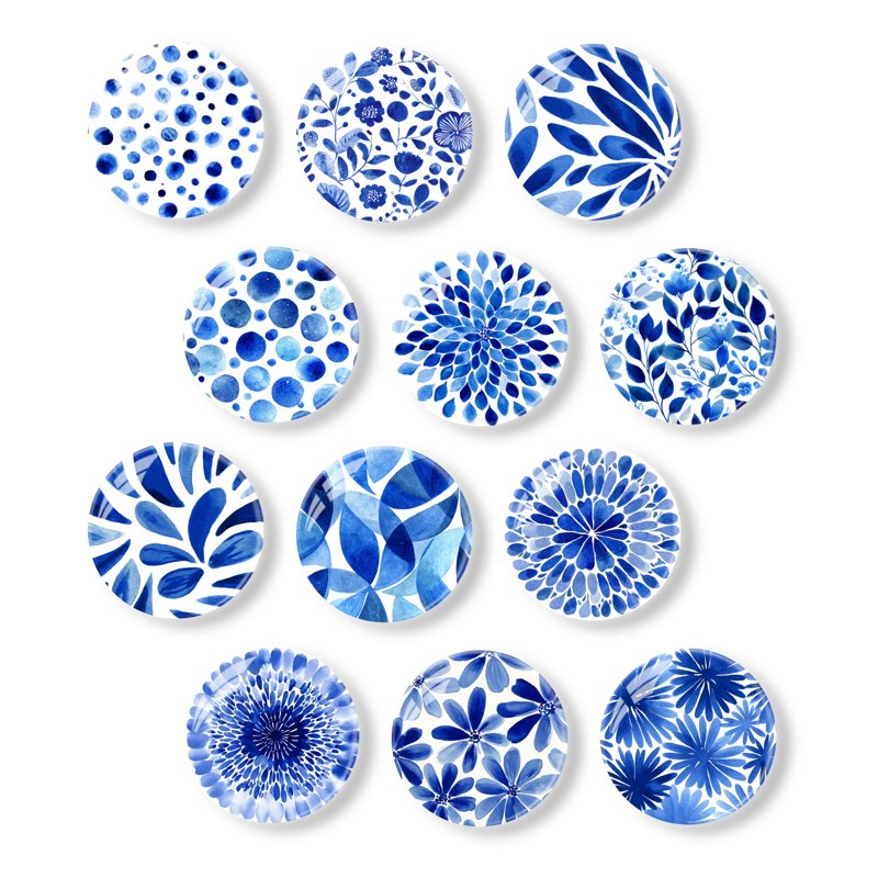 12Pcs Glass Refrigerator Magnets Set - Strong Crystal Blue Watercolor Design for Photos Notes Home Kitchen