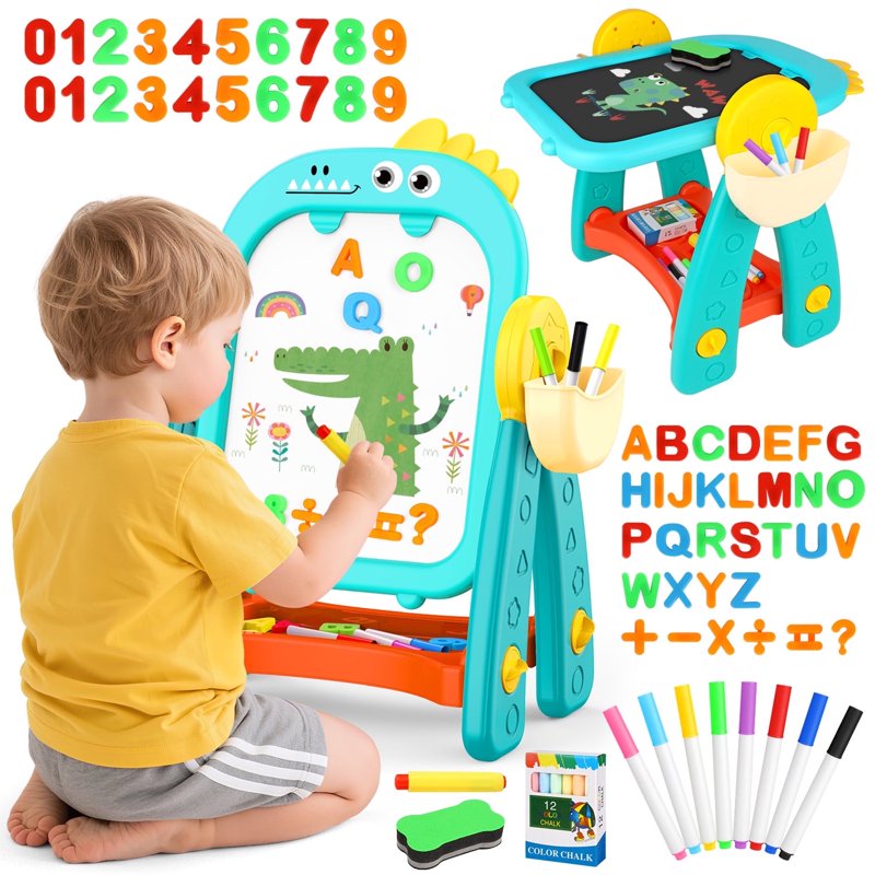 Kids Double Sided Chalkboard and Whiteboard Easel - Dinosaur Learning & Art Gift for Ages 2-6