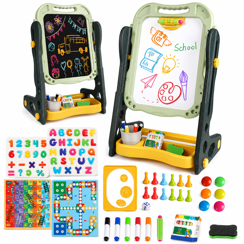 Kids Double Sided Magnetic Drawing & Learning Easel - Adjustable Height Art Board for Toddlers 2-6 Years