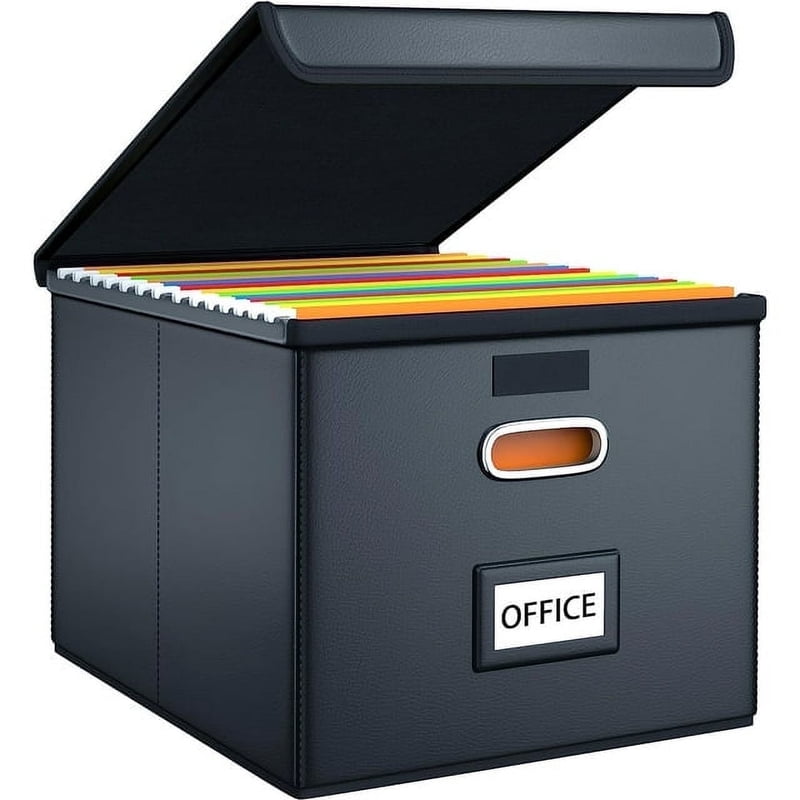 Collapsible Faux Leather File Box Organizer with Lid and Handles - Black