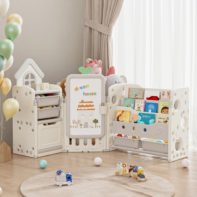 Kids Toy Storage Organizer with 10 Removable Bins & 3-Tier Bookshelf, Foldable