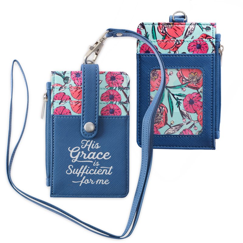 Bible Verse ID Card Holder with Floral Faux Leather, Slim Wallet & Detachable Lanyard