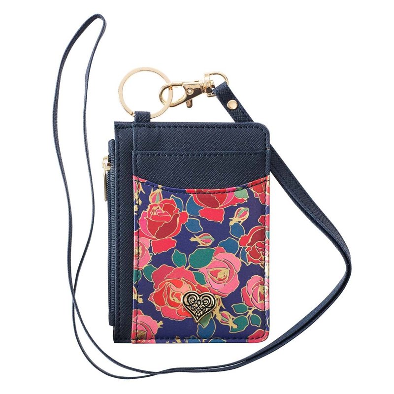 Faux Leather ID Card Holder with Rose & Heart Design, Keychain & Detachable Lanyard for Women