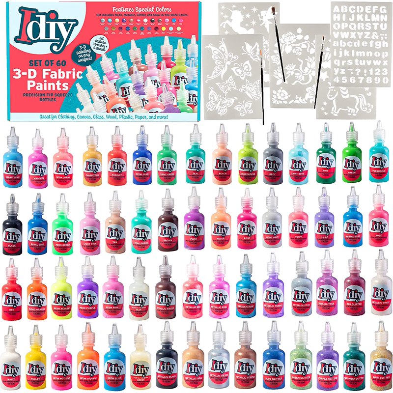 60 Color Fabric Paint Set with Glitter Neon Metallic Glow Non-Toxic Water-Based