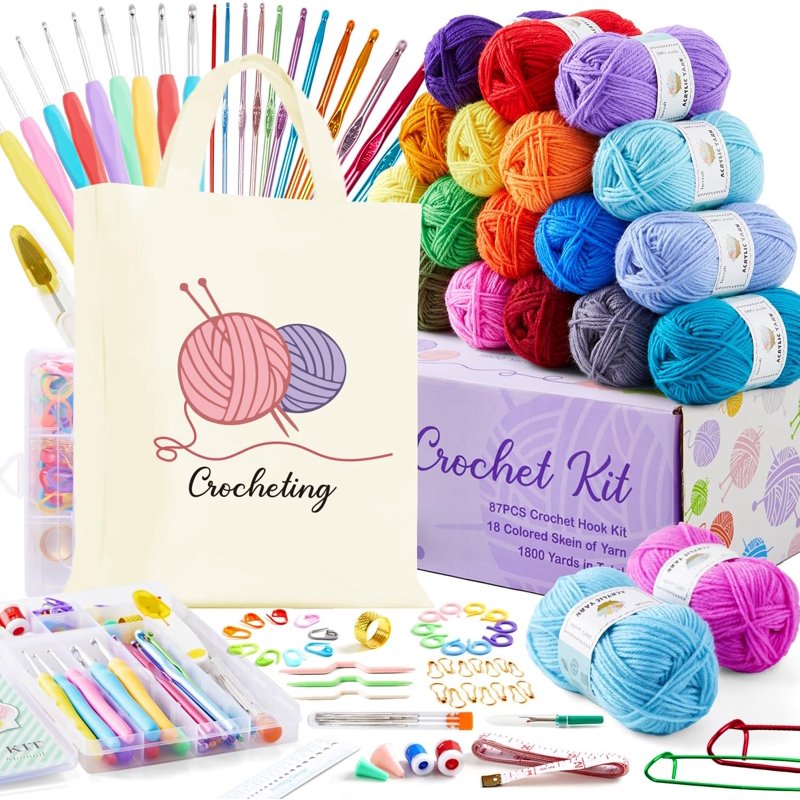 Crochet Kit for Beginners Adults with 18 Acrylic Yarn Skeins & Hooks — Complete Craft Set